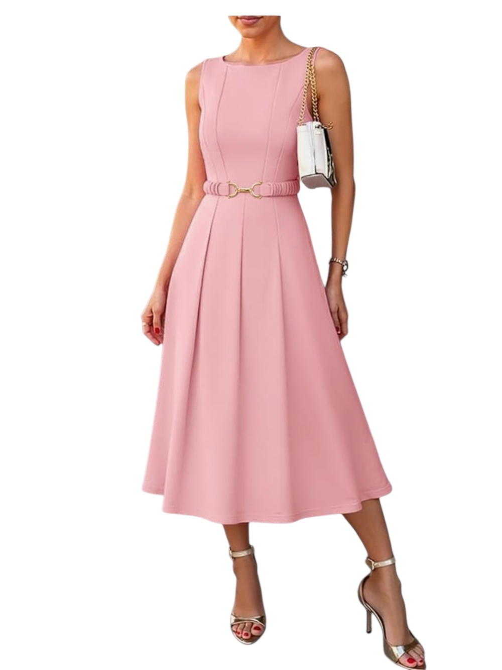 ZESICA - XL Elegant Sleeveless Pink Midi Dress with Belt - Picture 7 of 16